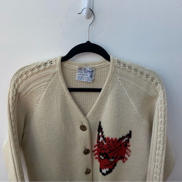 Vintage Caldwell Knit Cardigan Equestrian Horse Jump Fox Canadian Pure Wool 50s - Picture 2 of 9